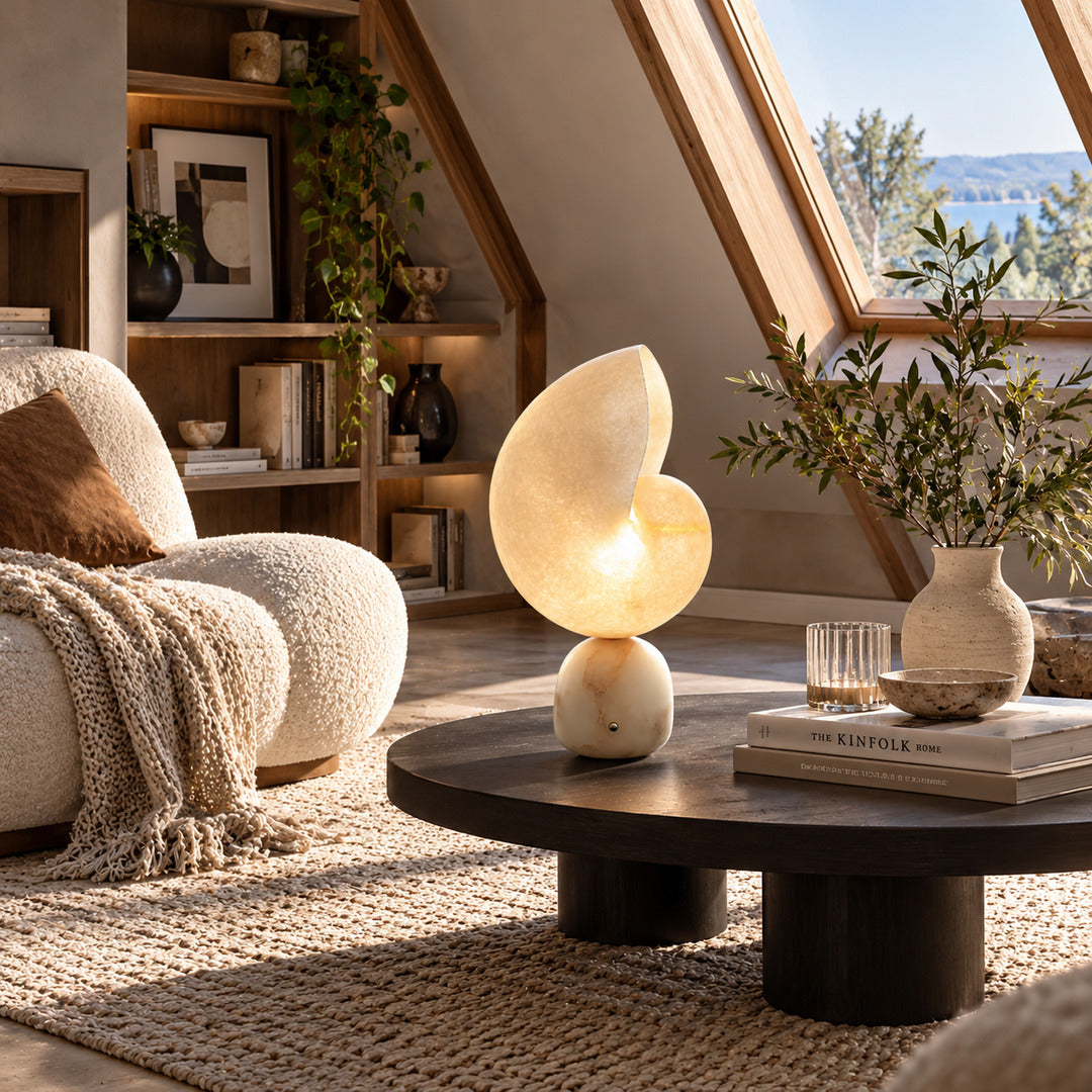 Spira alabaster shell lamp on a mid-century credenza in a living room