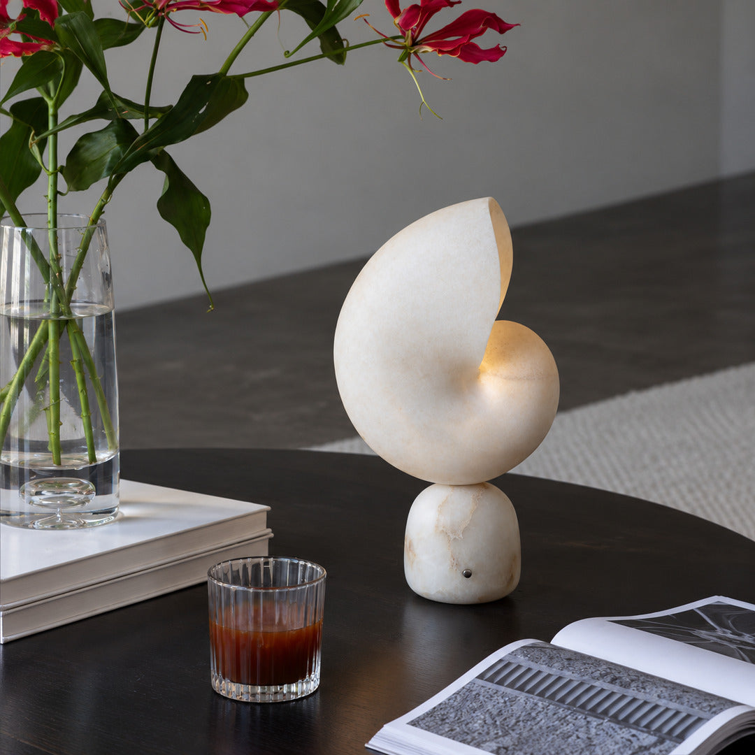 Spira alabaster lamp beside a potted plant on a living room side table