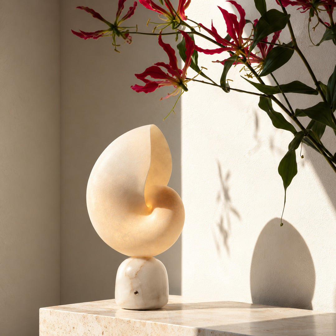 Close-up of natural veining on the carved alabaster spiral of the Spira table lamp