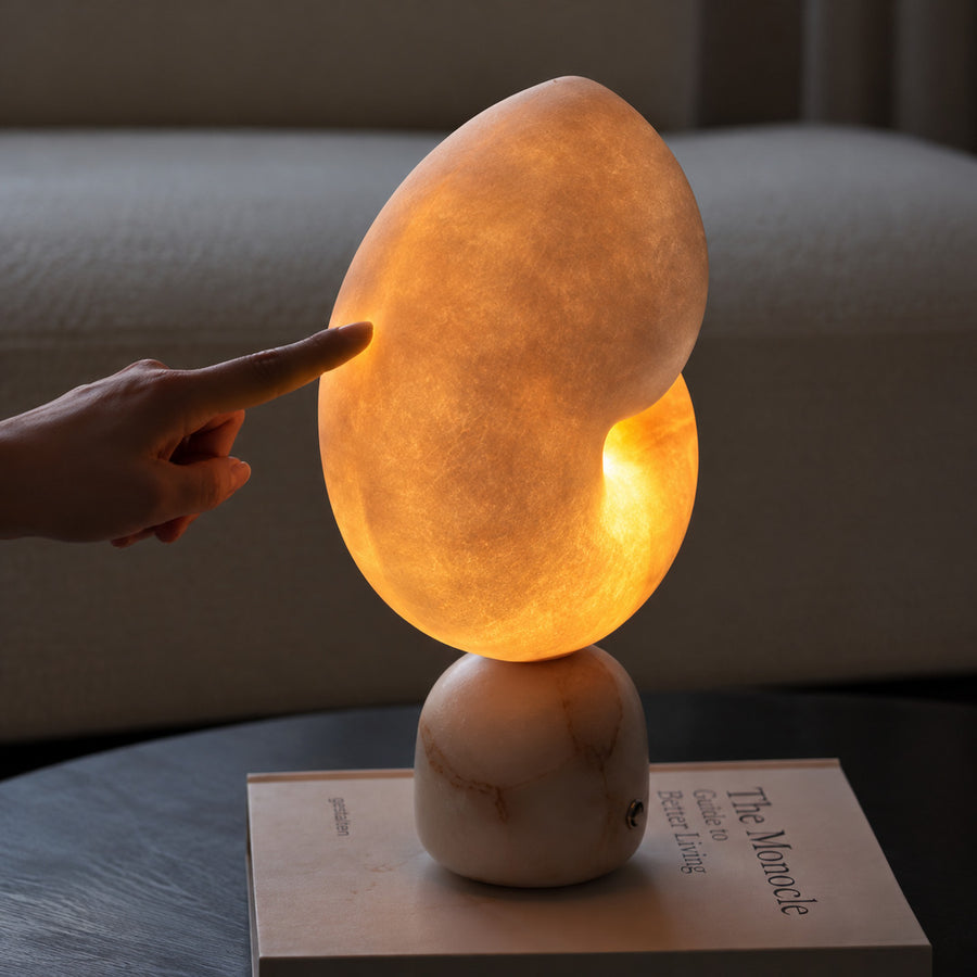 Spira alabaster table lamp on the corner of a home office desk