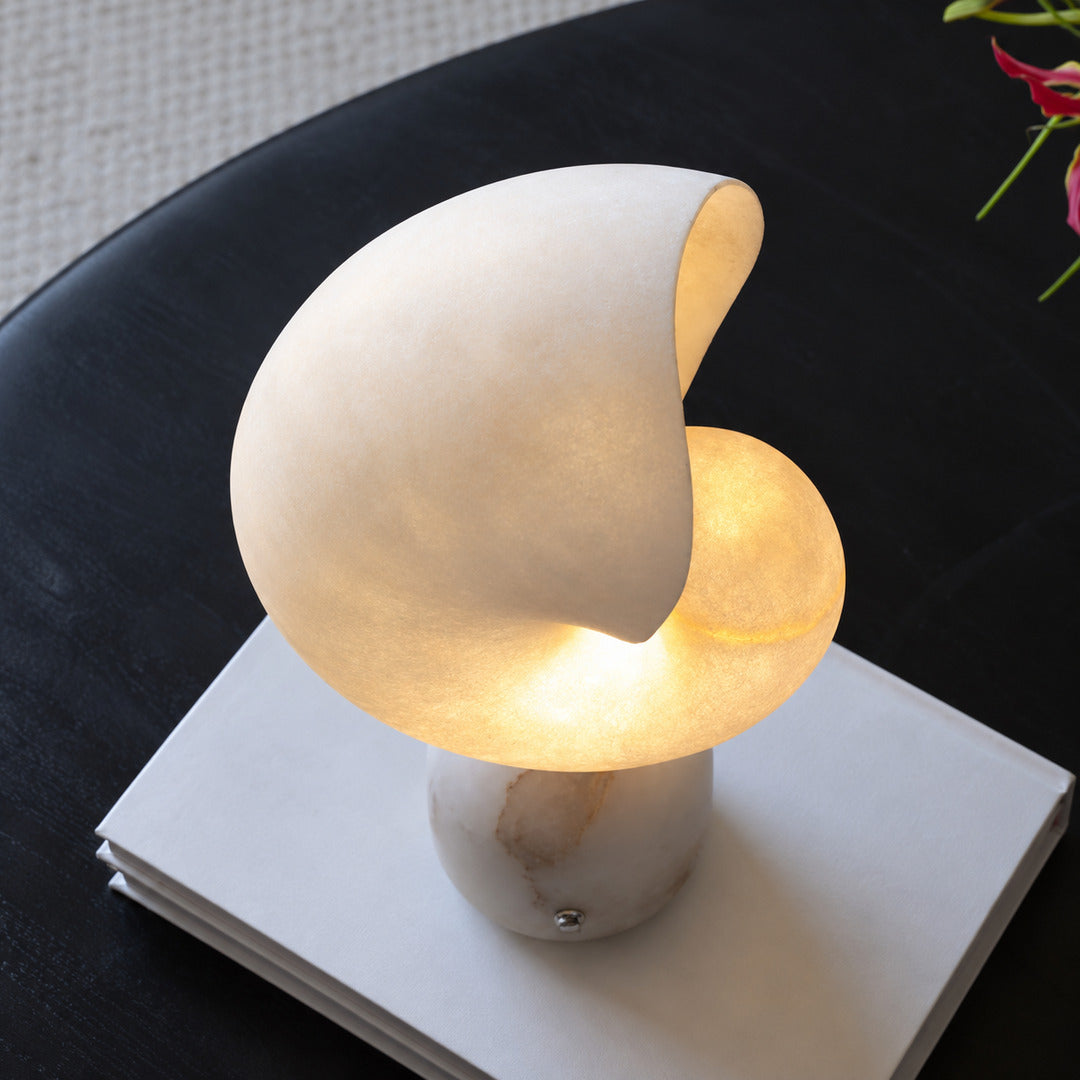 Spira alabaster lamp beside a potted plant on a living room side table