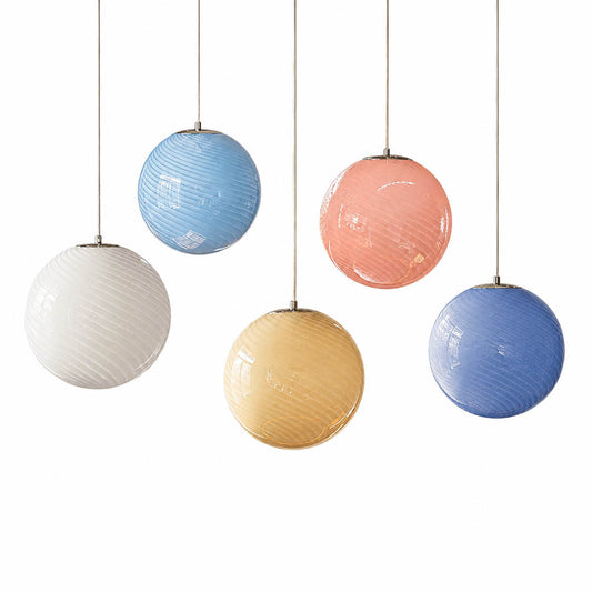 Spira pendant light 5 colors comparison yellow pink light blue blue white candy spiral ribbed hand blown glass sphere palette reference