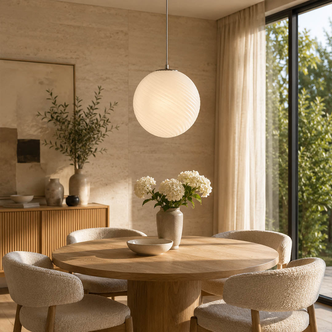 Spira pendant light pink single modern breakfast nook small table hand blown spiral ribbed glass sphere colorful cheerful cozy warm ambient lifestyle interior American home