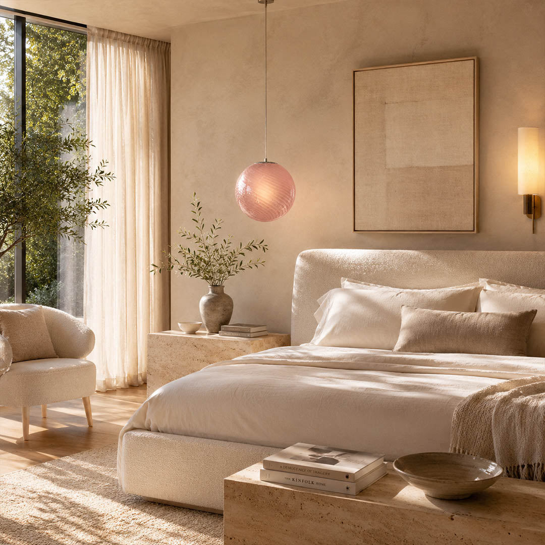 Spira pendant light light blue single modern primary bedroom bedside above nightstand hand blown spiral ribbed glass sphere pastel calm serene warm ambient intimate cozy lifestyle interior American home
