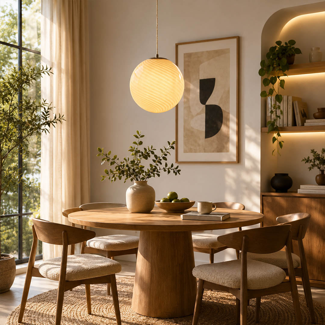 Spira pendant light white single modern dining room round table centerpiece hand blown spiral ribbed glass sphere minimalist neutral warm ambient lifestyle interior American home