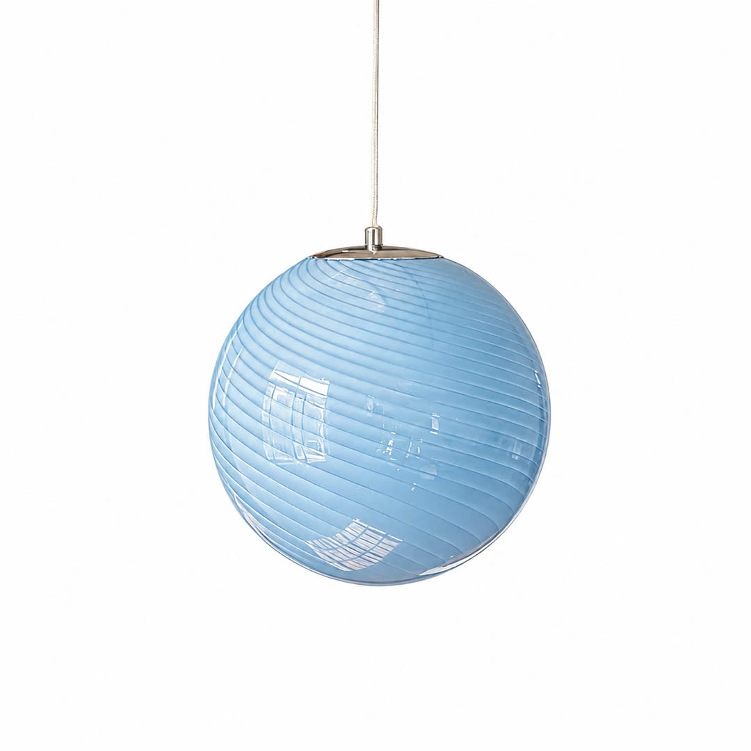 Spira pendant light large size 15.7 inch deep sapphire blue candy spiral ribbed hand blown glass sphere dining room modern colorful statement hardwired white background