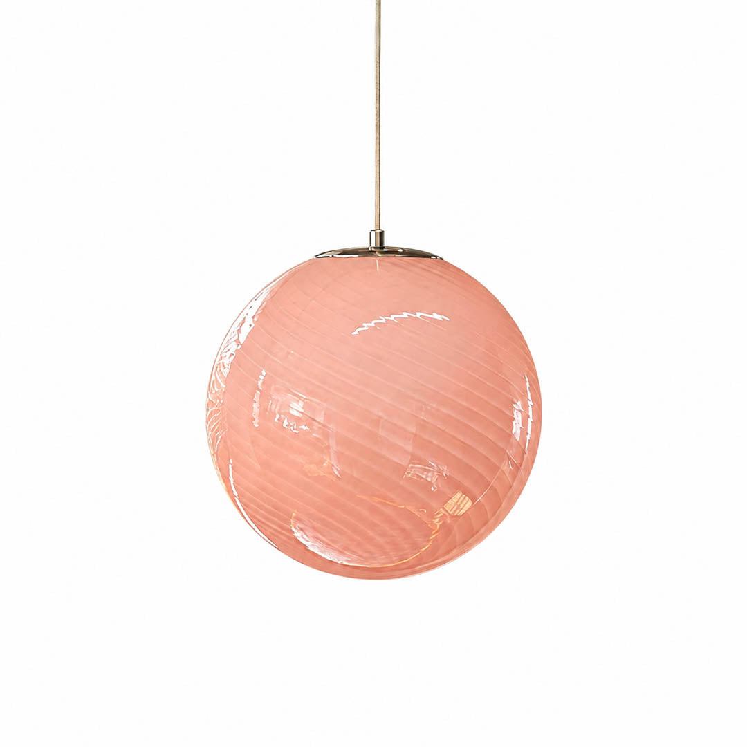 Spira pendant light large size 15.7 inch pink candy spiral ribbed hand blown glass sphere dining room kitchen island modern colorful statement hardwired white background