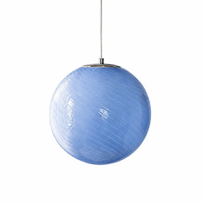 Spira pendant light large size 15.7 inch light blue candy spiral ribbed hand blown glass sphere dining room kitchen island modern colorful statement hardwired white background
