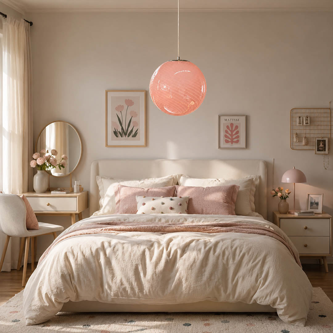 Spira pendant light pink single modern kids bedroom room hand blown spiral ribbed glass sphere colorful cheerful playful safe warm ambient intimate lifestyle interior American home