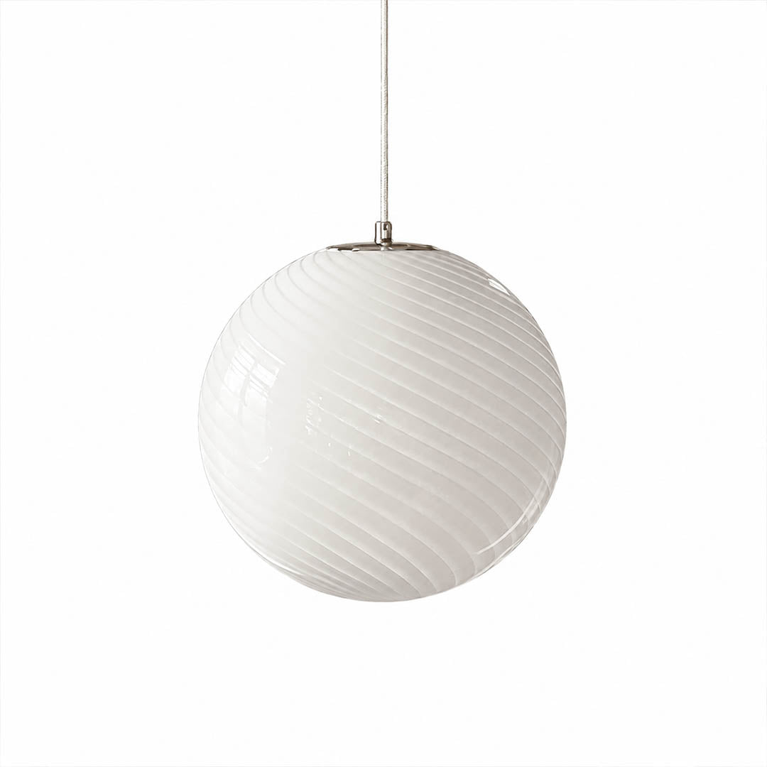 Spira pendant light small size 11.8 inch white candy spiral ribbed hand blown glass sphere kitchen island modern minimalist neutral hardwired white background