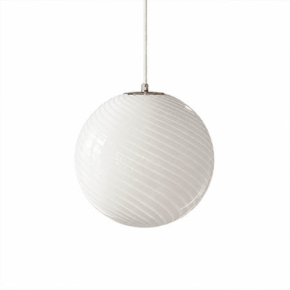 Spira pendant light small size 11.8 inch white candy spiral ribbed hand blown glass sphere kitchen island modern minimalist neutral hardwired white background