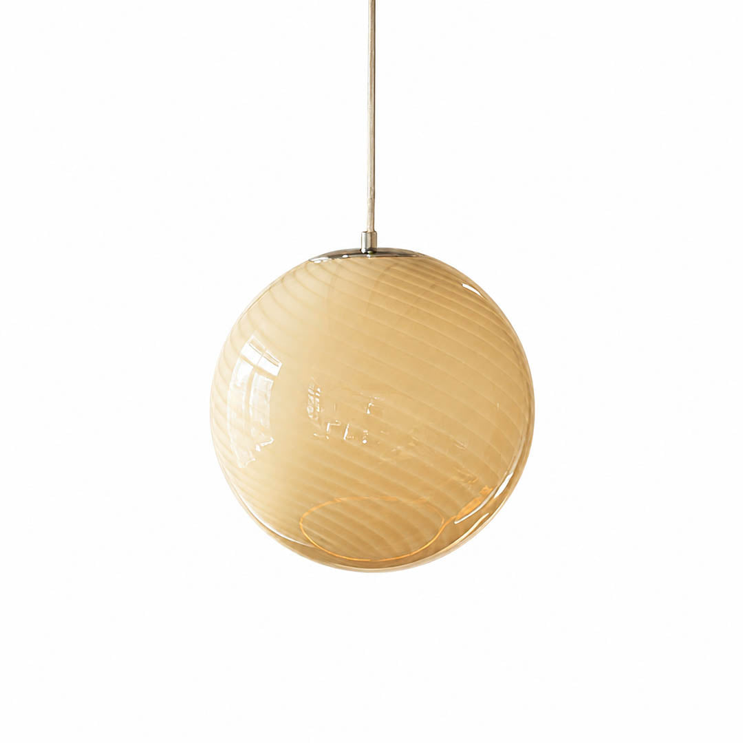 Spira pendant light large size 15.7 inch yellow candy spiral ribbed hand blown glass sphere dining room kitchen island modern colorful statement hardwired white background