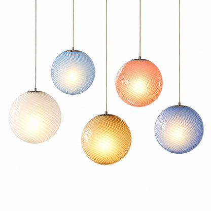 Spira pendant light 5 colors comparison yellow pink light blue blue white candy spiral ribbed hand blown glass sphere palette reference