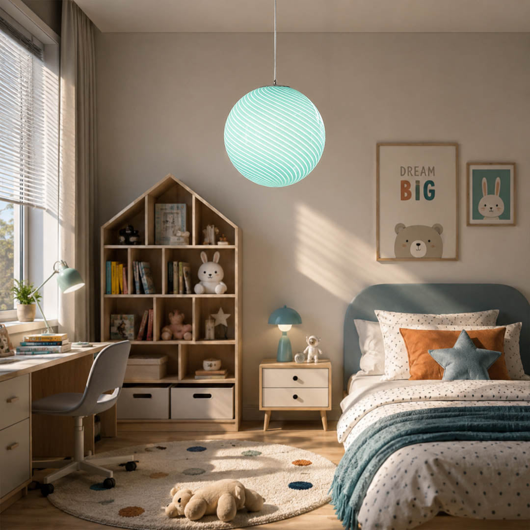 Spira pendant light pink single modern kids bedroom room hand blown spiral ribbed glass sphere colorful cheerful playful safe warm ambient intimate lifestyle interior American home