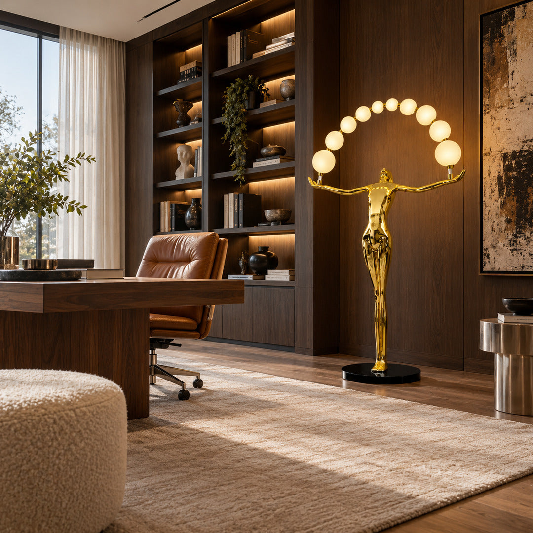 Statue of Liberty floor lamp bringing a dramatic sculptural presence to a home office or study