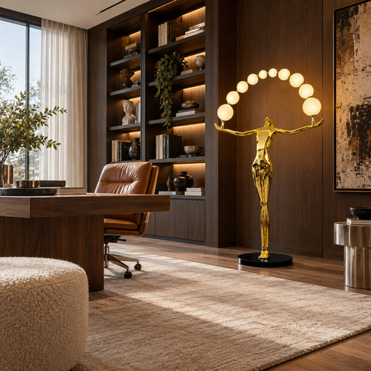 Statue of Liberty floor lamp bringing a dramatic sculptural presence to a home office or study