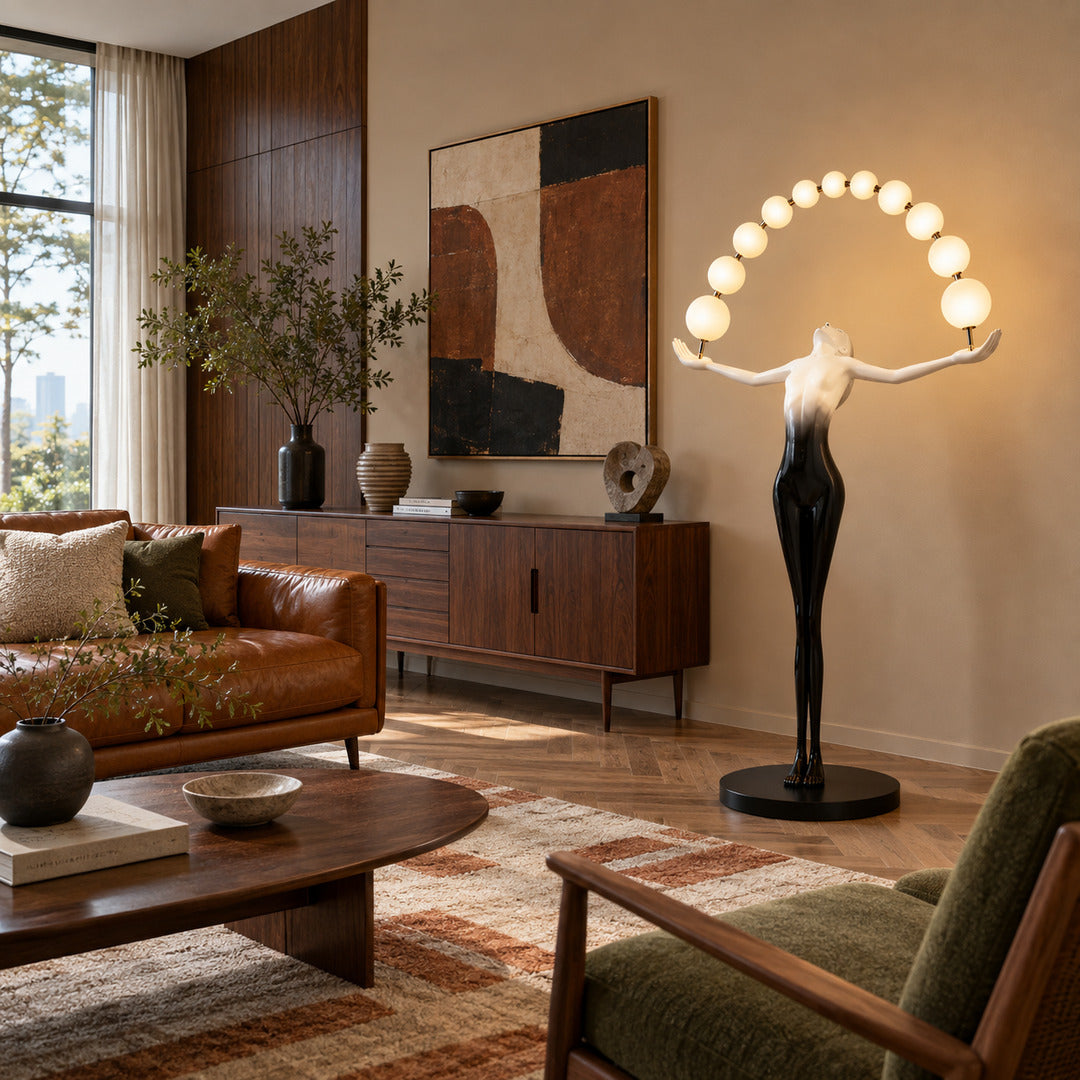 Statue of Liberty floor lamp standing as a dramatic sculptural centerpiece in a modern living room