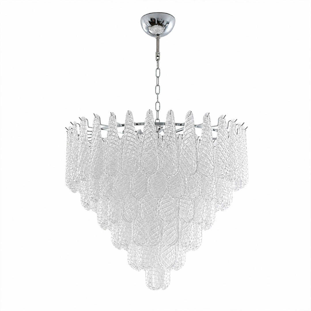 Stella Murano glass teardrop chandelier 6 layer 32 inch polished nickel Italian blown glass tiered cascade mid century art deco white background