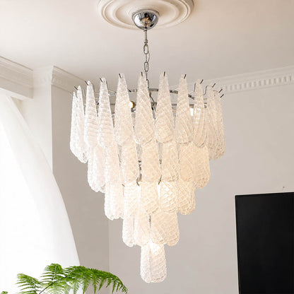 Stella 5 layer Murano glass teardrop chandelier dining room walnut table 10 seater mid century art deco Italian luxury polished nickel warm glow lifestyle interior