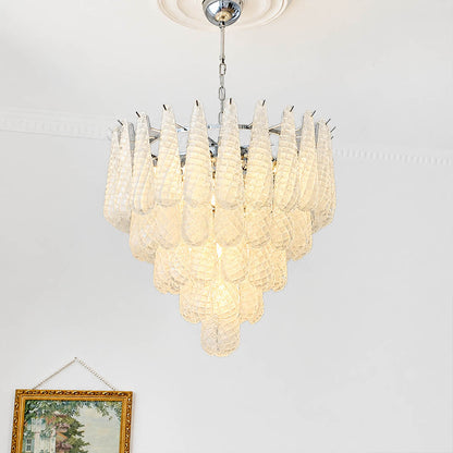 Stella 5 layer Murano glass teardrop chandelier dining room walnut table 10 seater mid century art deco Italian luxury polished nickel warm glow lifestyle interior