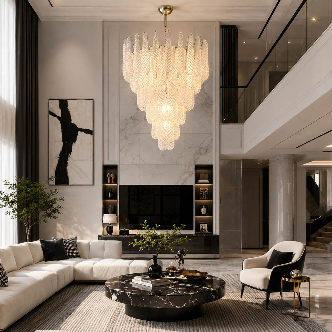 Stella 7 layer tall Murano glass teardrop chandelier double height foyer mansion grand entry Italian modern art deco luxury vertical statement warm glow lifestyle interior