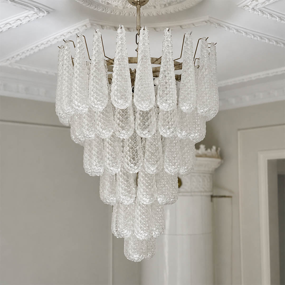 Stella Murano glass teardrop chandelier 6 layer 32 inch polished nickel Italian blown glass tiered cascade mid century art deco white background