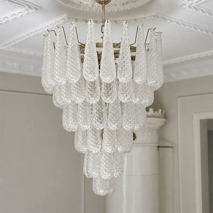Stella Murano glass teardrop chandelier 6 layer 32 inch polished nickel Italian blown glass tiered cascade mid century art deco white background