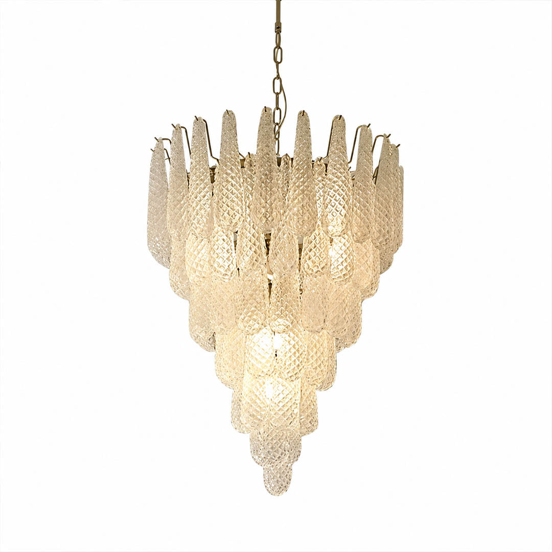 Stella Murano glass teardrop chandelier 7 layer 41 inch grand statement polished nickel Italian blown glass tiered cascade mid century art deco white background