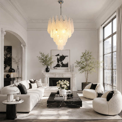Stella 4 layer Murano glass teardrop chandelier living room mid century modern Italian luxury elegant walnut leather warm glow lifestyle interior