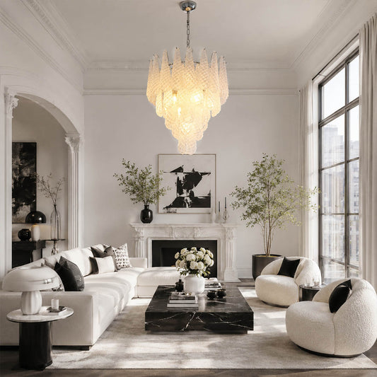 Stella 4 layer Murano glass teardrop chandelier living room mid century modern Italian luxury elegant walnut leather warm glow lifestyle interior