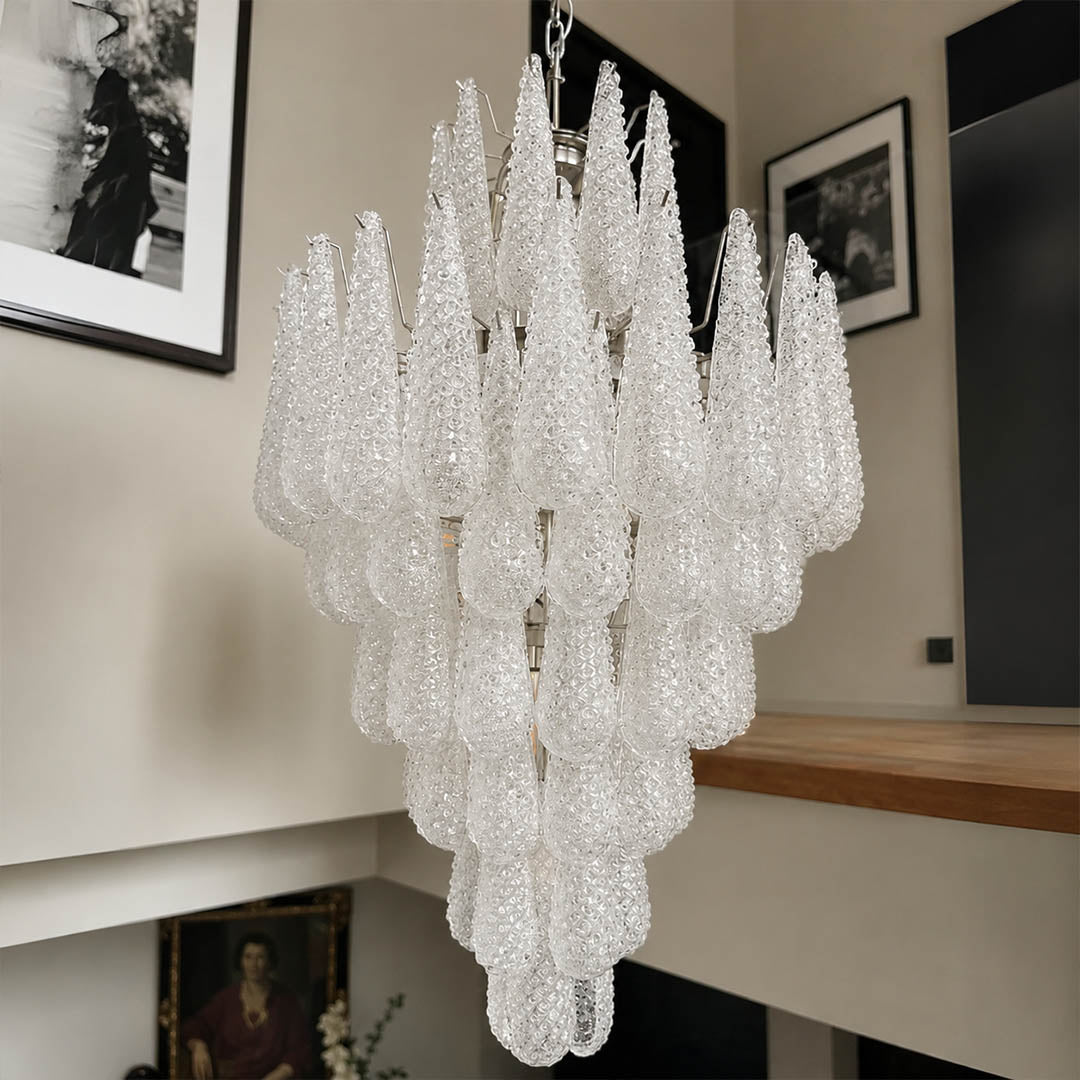 Stella Murano glass teardrop chandelier 7 layer 41 inch grand statement polished nickel Italian blown glass tiered cascade mid century art deco white background