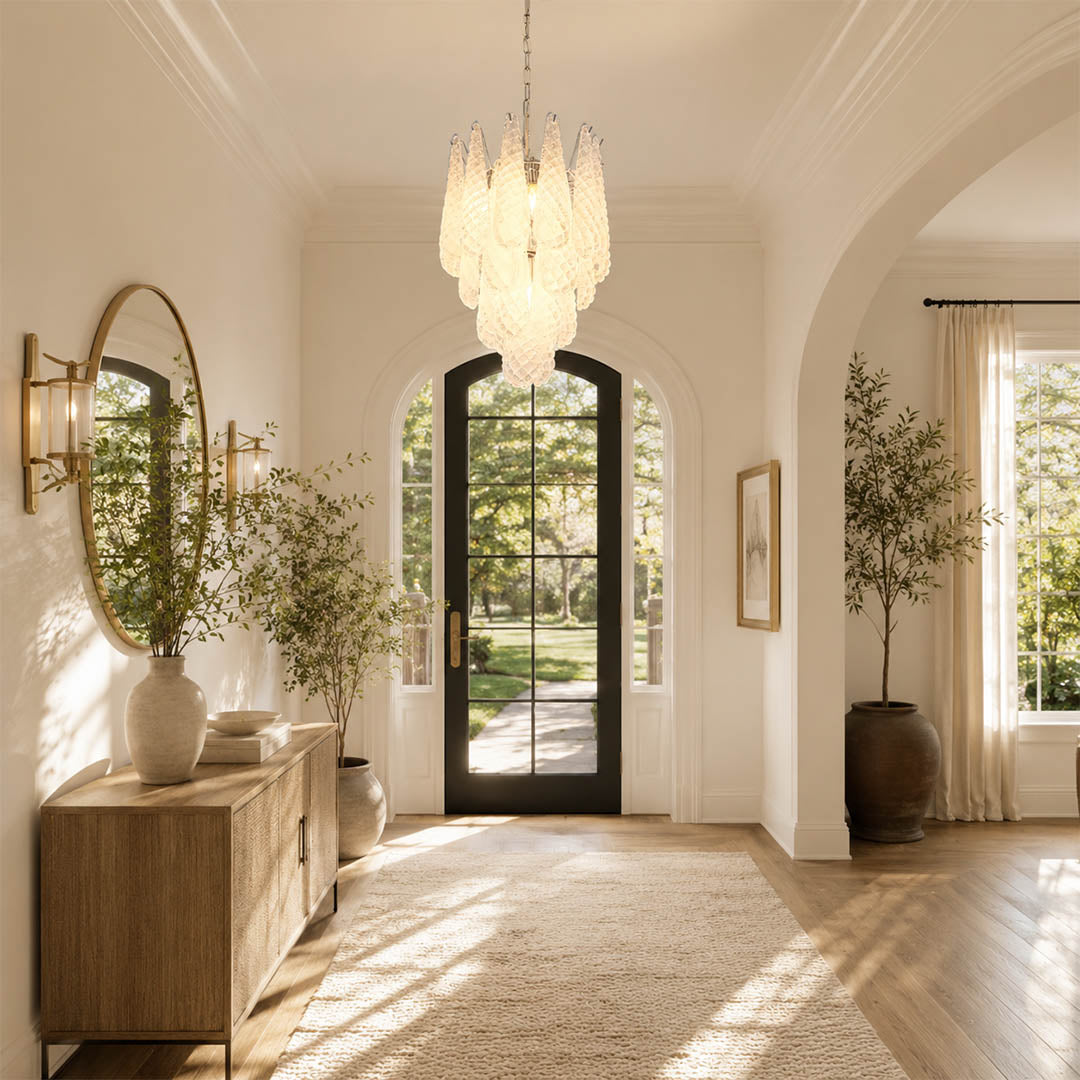 Stella 7 layer Murano glass teardrop chandelier grand foyer mansion Italian modern art deco luxury Hollywood Regency double height statement warm glow lifestyle interior