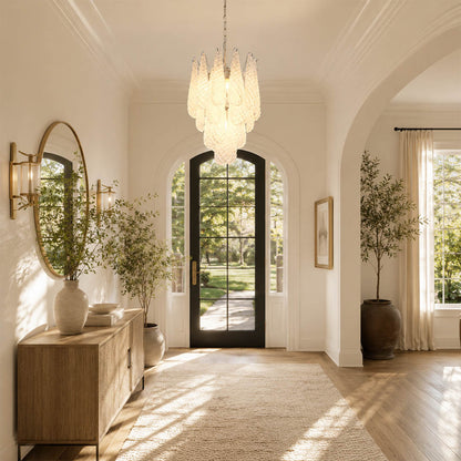 Stella 7 layer Murano glass teardrop chandelier grand foyer mansion Italian modern art deco luxury Hollywood Regency double height statement warm glow lifestyle interior