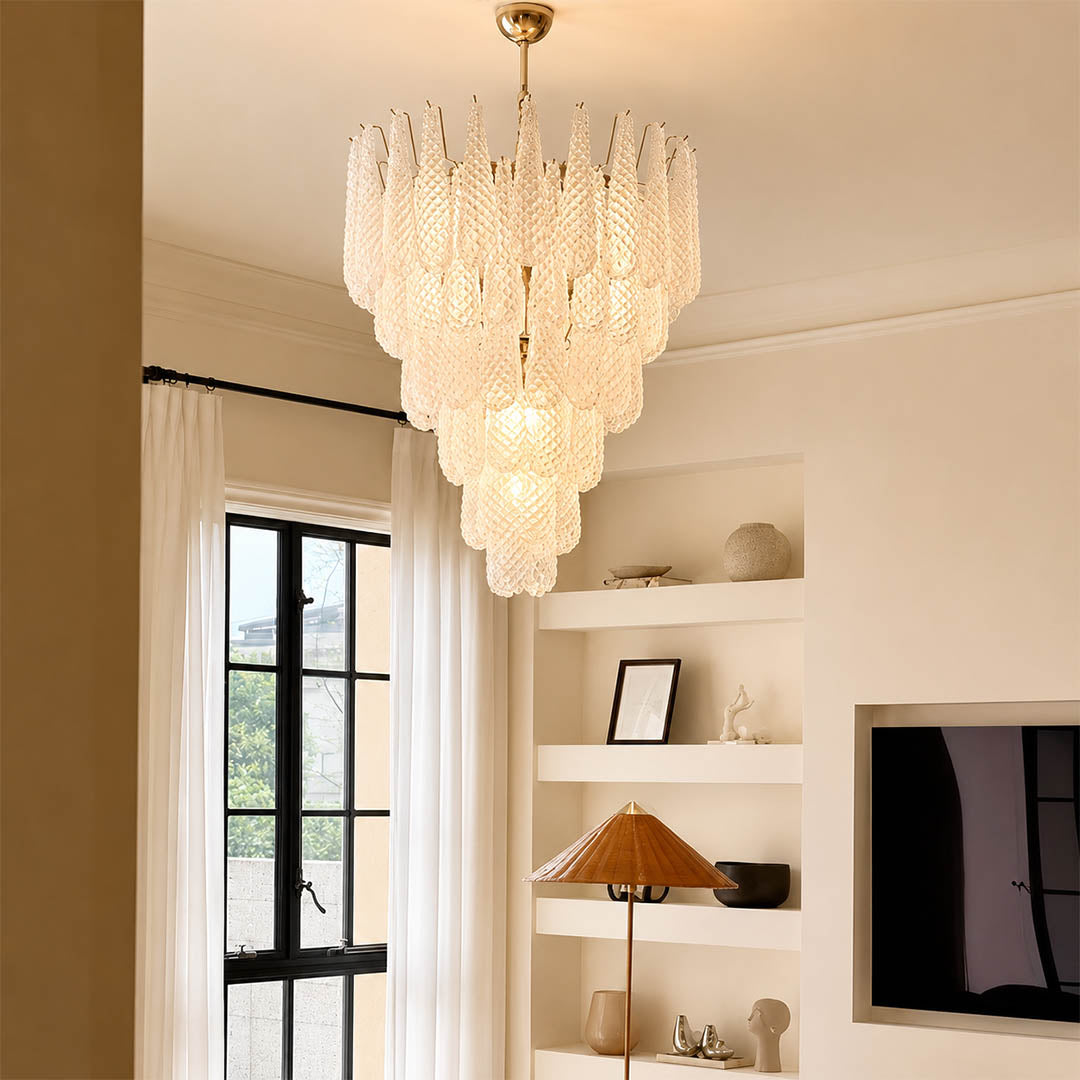 Stella 7 layer Murano glass teardrop chandelier grand foyer mansion Italian modern art deco luxury Hollywood Regency double height statement warm glow lifestyle interior