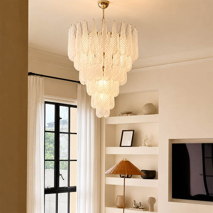 Stella 7 layer Murano glass teardrop chandelier grand foyer mansion Italian modern art deco luxury Hollywood Regency double height statement warm glow lifestyle interior