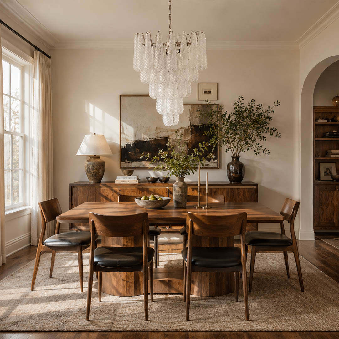 Stella 5 layer Murano glass teardrop chandelier dining room walnut table 10 seater mid century art deco Italian luxury polished nickel warm glow lifestyle interior