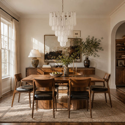 Stella 5 layer Murano glass teardrop chandelier dining room walnut table 10 seater mid century art deco Italian luxury polished nickel warm glow lifestyle interior