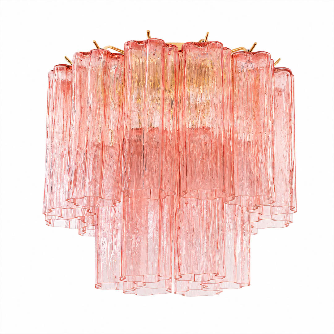 Pure white background, exact Stellina ceiling light with translucent dusty-pink glass and polished gold frame. Light off, centered three-quarter view, realistic material texture, no props or text.