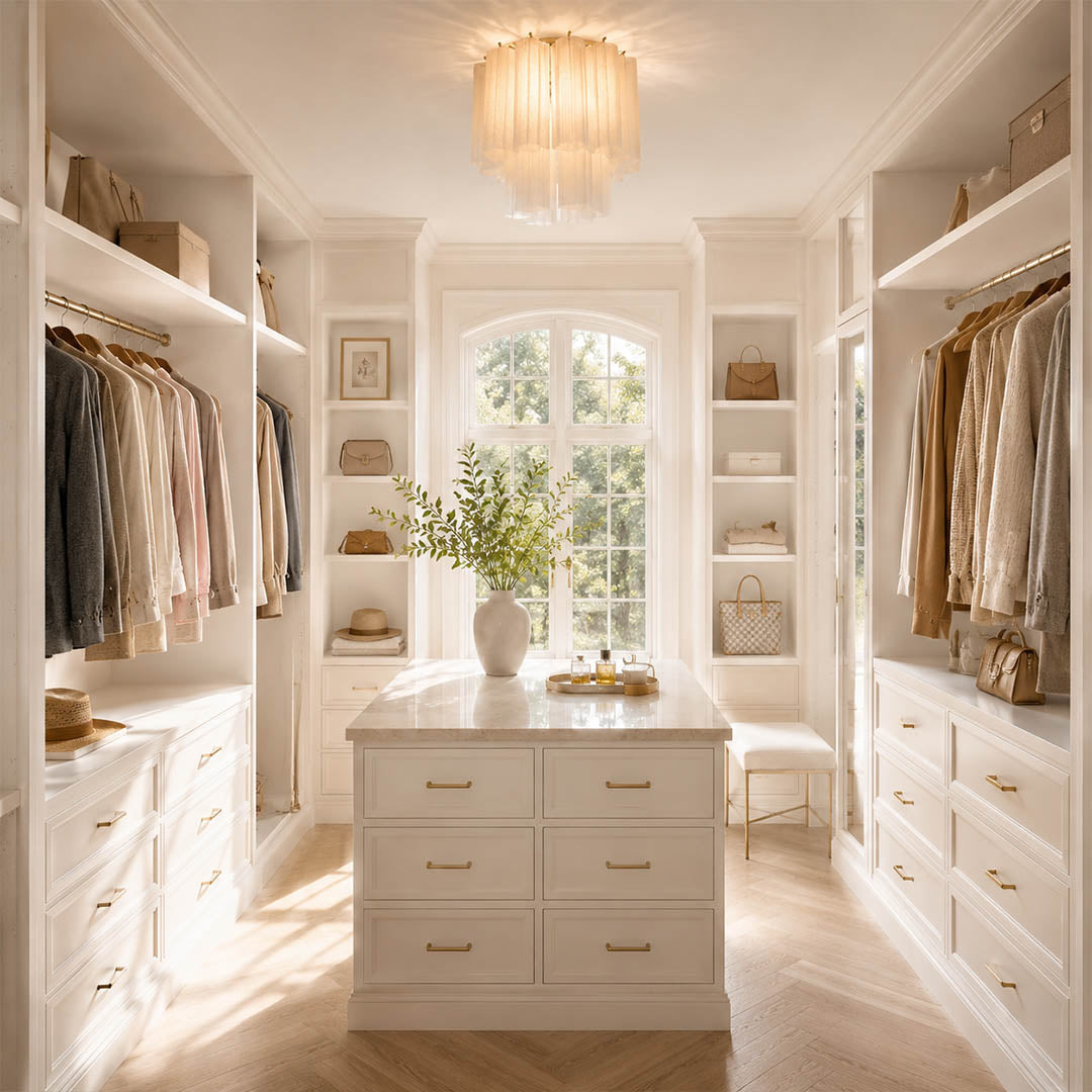 Luxury American dressing room with the exact dusty-pink Stellina ceiling light. Cream cabinetry, pale wood, brass hardware, and soft warm illumination.
