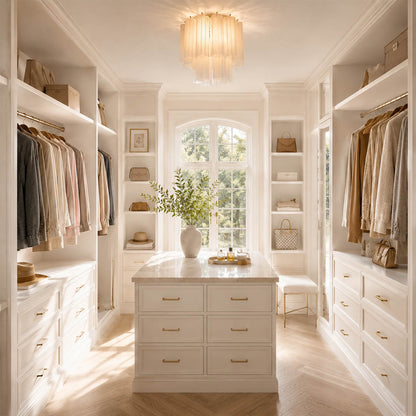 Luxury American dressing room with the exact dusty-pink Stellina ceiling light. Cream cabinetry, pale wood, brass hardware, and soft warm illumination.