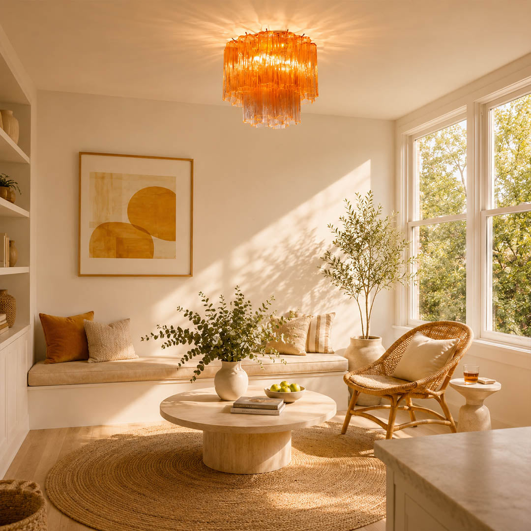 Artistic American reading room with the exact smoky-purple Stellina ceiling light. Walnut bookshelves, beige seating, curated artwork, and warm nighttime atmosphere.