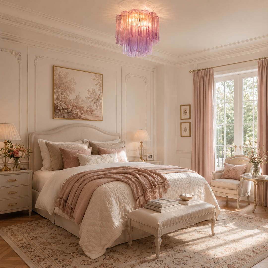 Elegant American bedroom at dusk with the exact dusty-pink Stellina ceiling light. Cream walls, walnut furniture, muted blush textiles, and warm lighting.