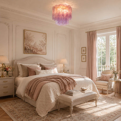 Elegant American bedroom at dusk with the exact dusty-pink Stellina ceiling light. Cream walls, walnut furniture, muted blush textiles, and warm lighting.