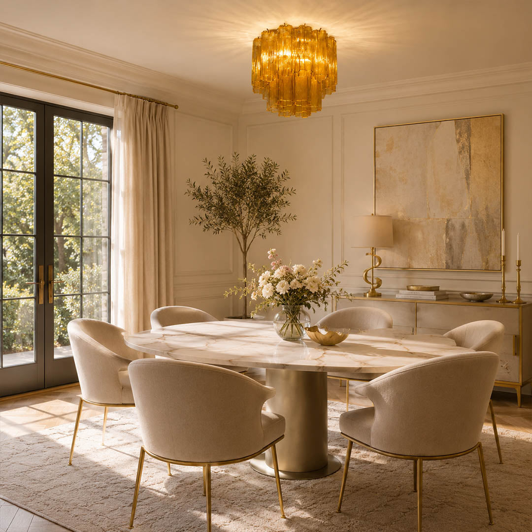 Modern American living room with the exact smoky-gray Stellina ceiling light. Pale stone, dark wood, ivory sofa, natural daylight, and subtle warm glow.