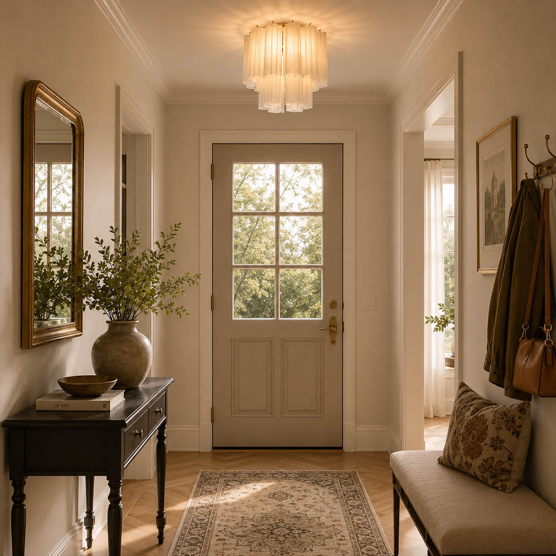 Upscale American foyer with the exact amber-gold Stellina ceiling light. Cream plaster walls, dark wood console, stone floor, and warm evening light.