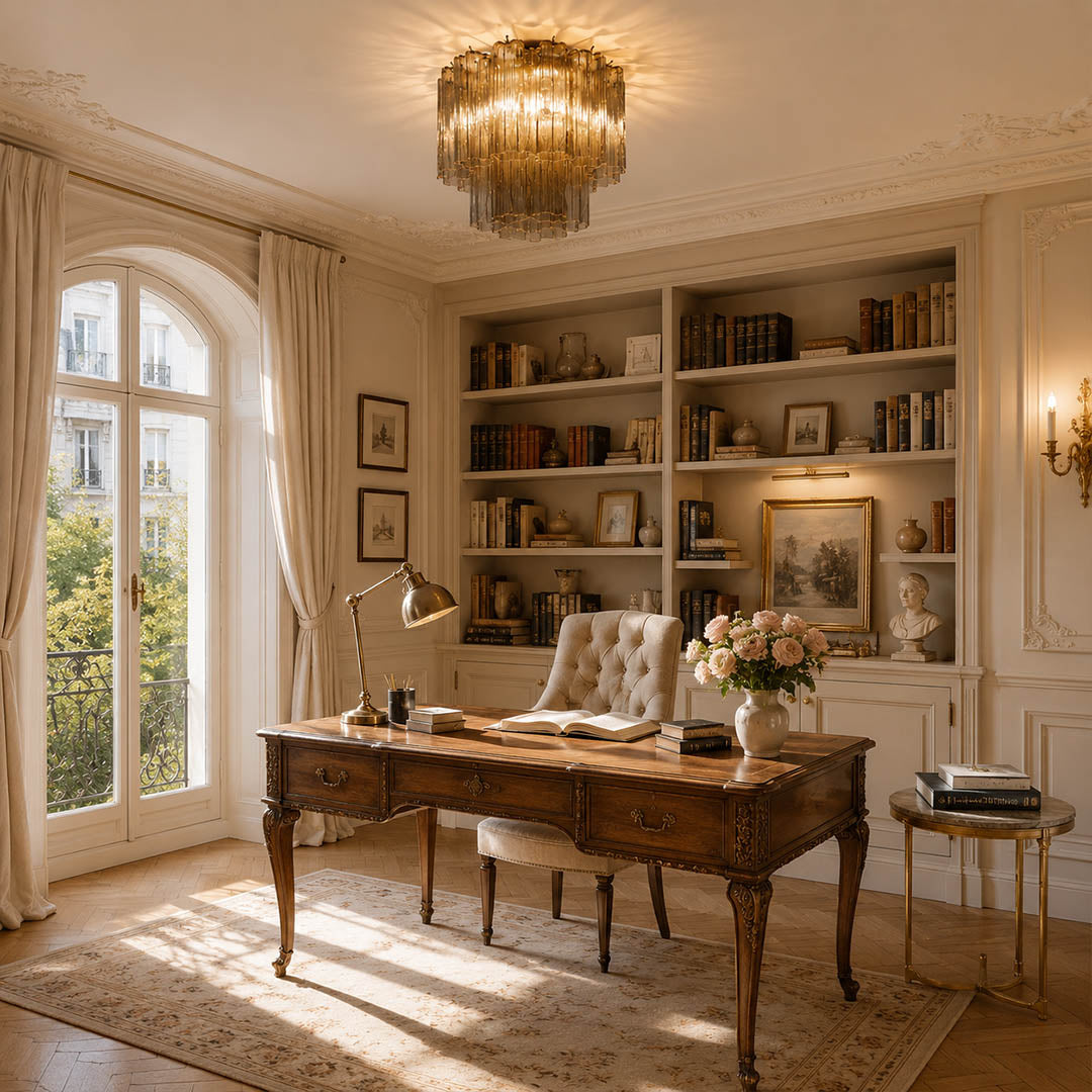 Artistic American reading room with the exact smoky-purple Stellina ceiling light. Walnut bookshelves, beige seating, curated artwork, and warm nighttime atmosphere.