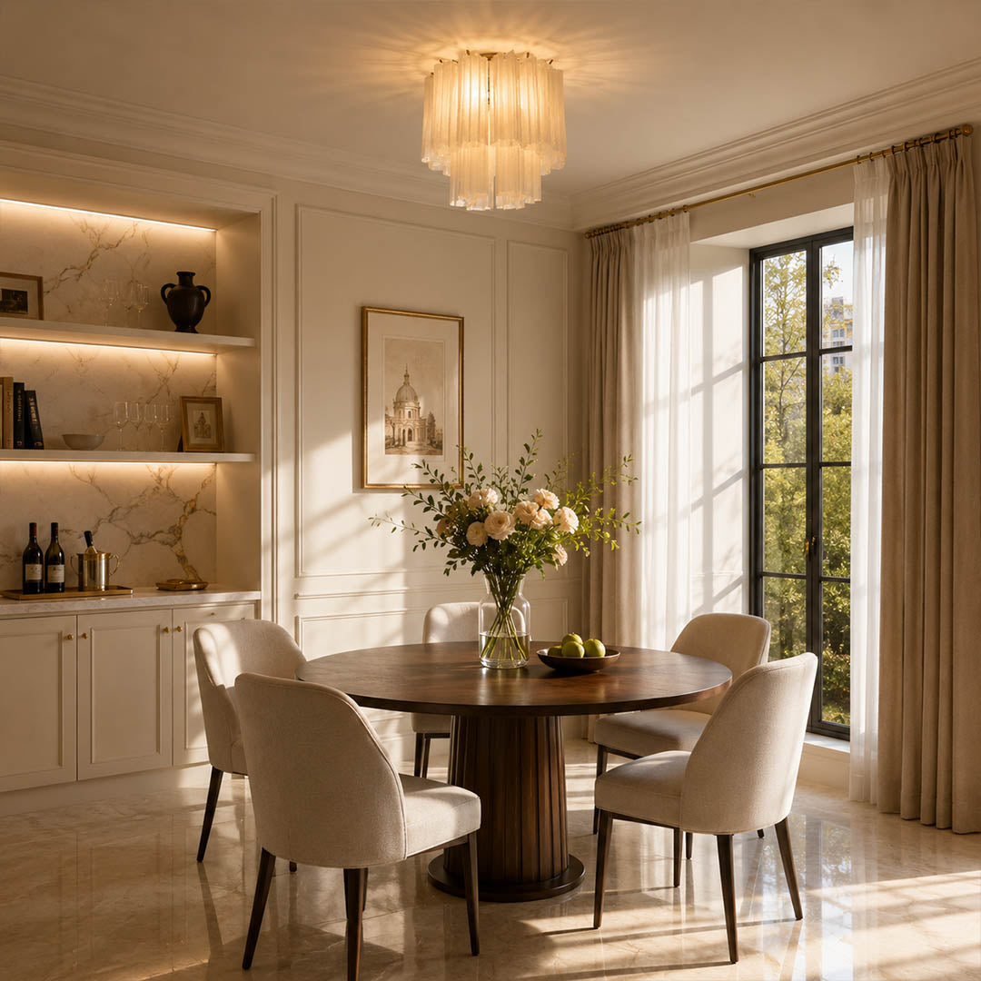 Modern American living room with the exact smoky-gray Stellina ceiling light. Pale stone, dark wood, ivory sofa, natural daylight, and subtle warm glow.
