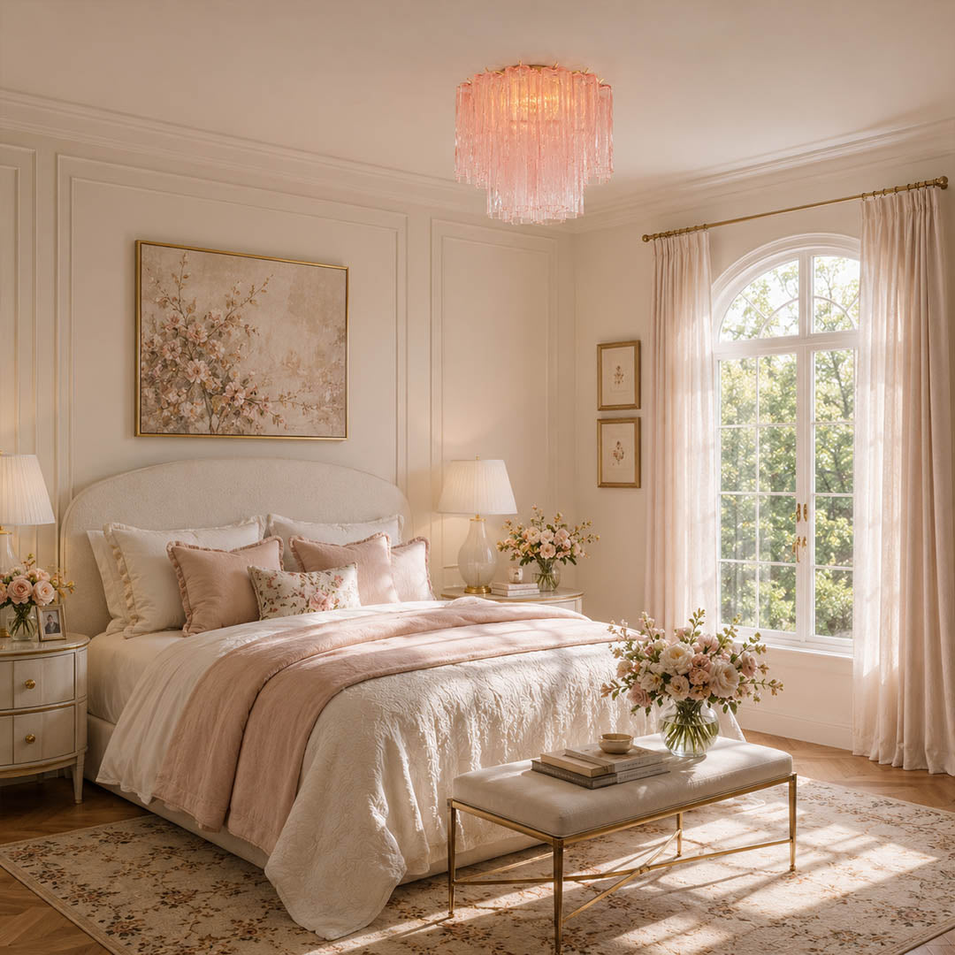 Elegant American bedroom at dusk with the exact dusty-pink Stellina ceiling light. Cream walls, walnut furniture, muted blush textiles, and warm lighting.