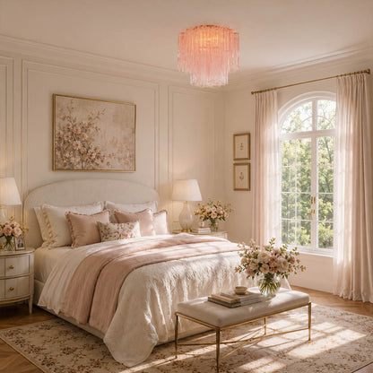 Elegant American bedroom at dusk with the exact dusty-pink Stellina ceiling light. Cream walls, walnut furniture, muted blush textiles, and warm lighting.