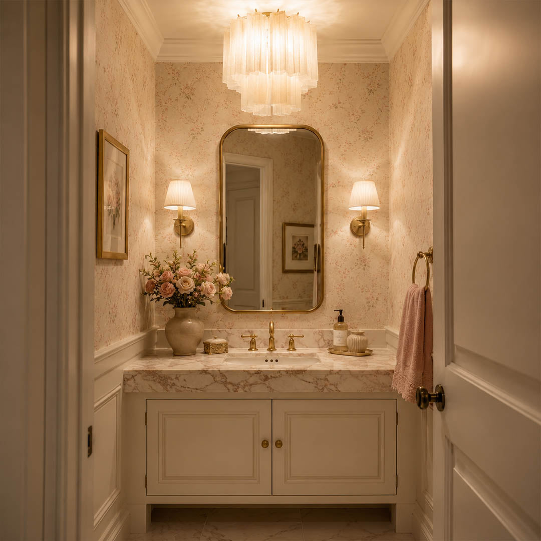 Upscale American foyer with the exact amber-gold Stellina ceiling light. Cream plaster walls, dark wood console, stone floor, and warm evening light.